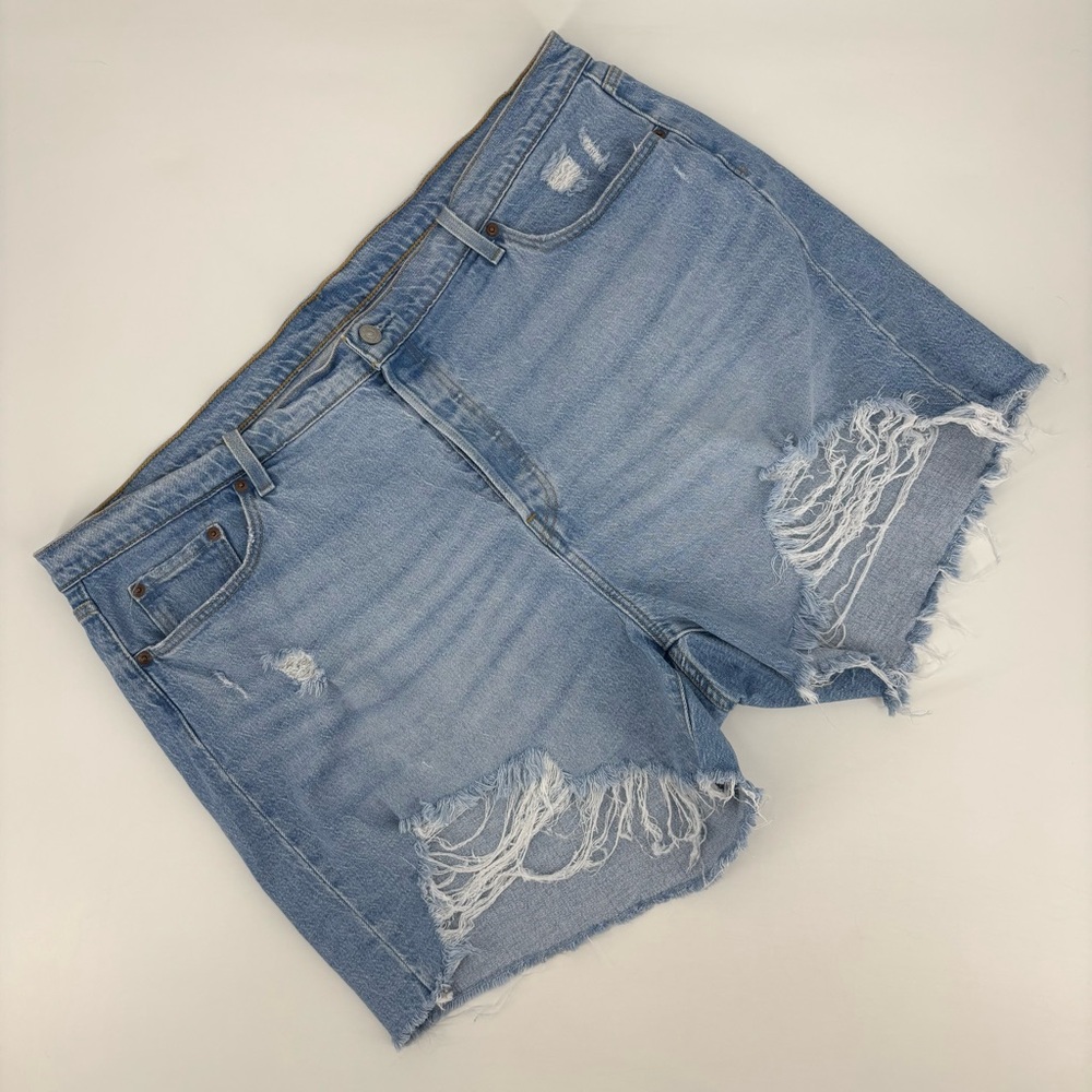 Levi's Faded Blue 501 Button Fly High Rise Distressed Denim Shorts, 22W